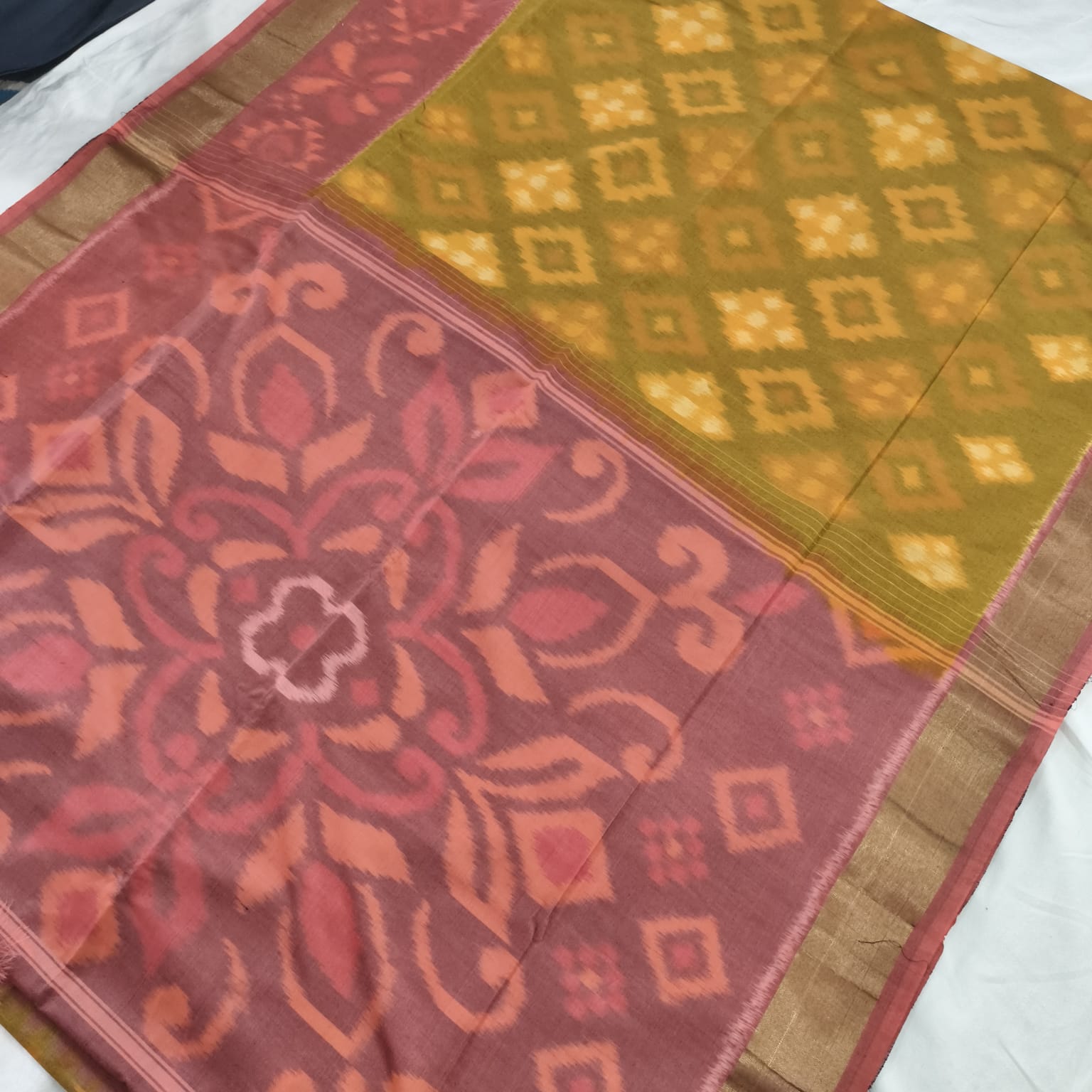 Silk Cotton Saree – Mustard Yellow and Peach