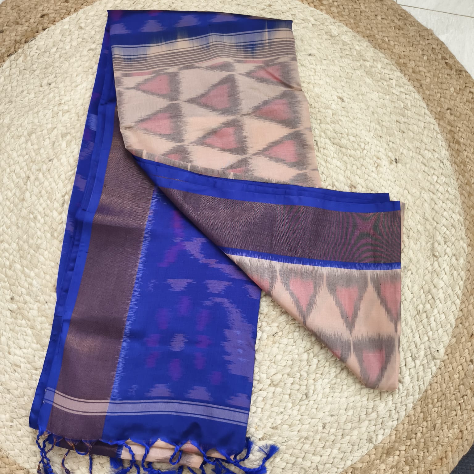 Silk Cotton Saree – Peach and Royal Blue