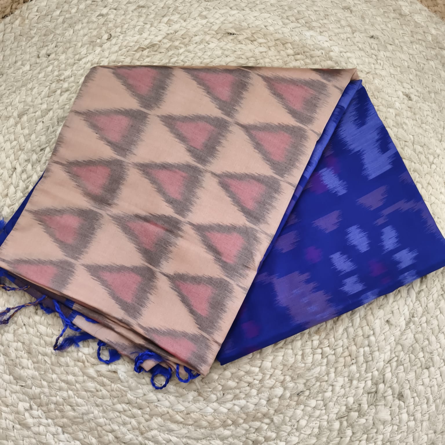 Silk Cotton Saree – Peach and Royal Blue