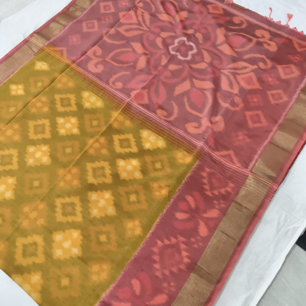 Silk Cotton Saree – Mustard Yellow and Peach