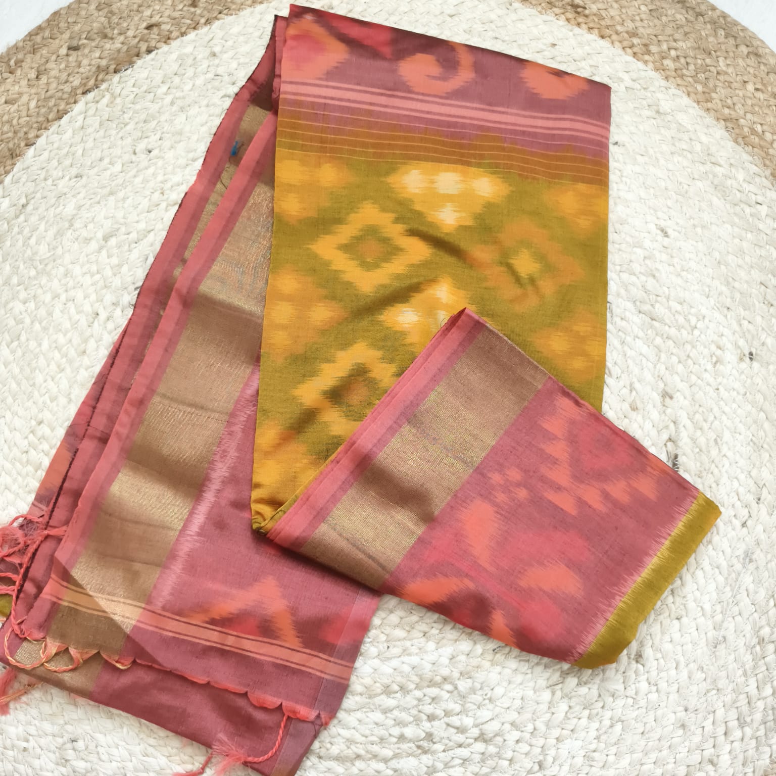 Silk Cotton Saree – Mustard Yellow and Peach
