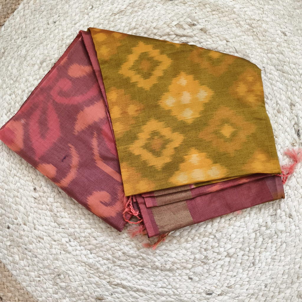 Silk Cotton Saree – Mustard Yellow and Peach