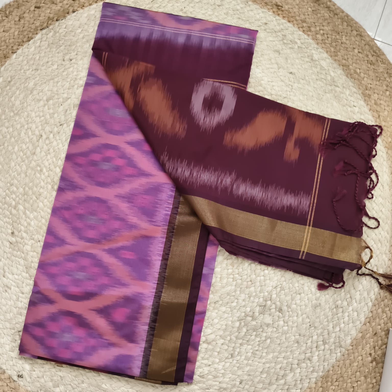 Silk Cotton Saree – Light Pink with Deep Chocolate