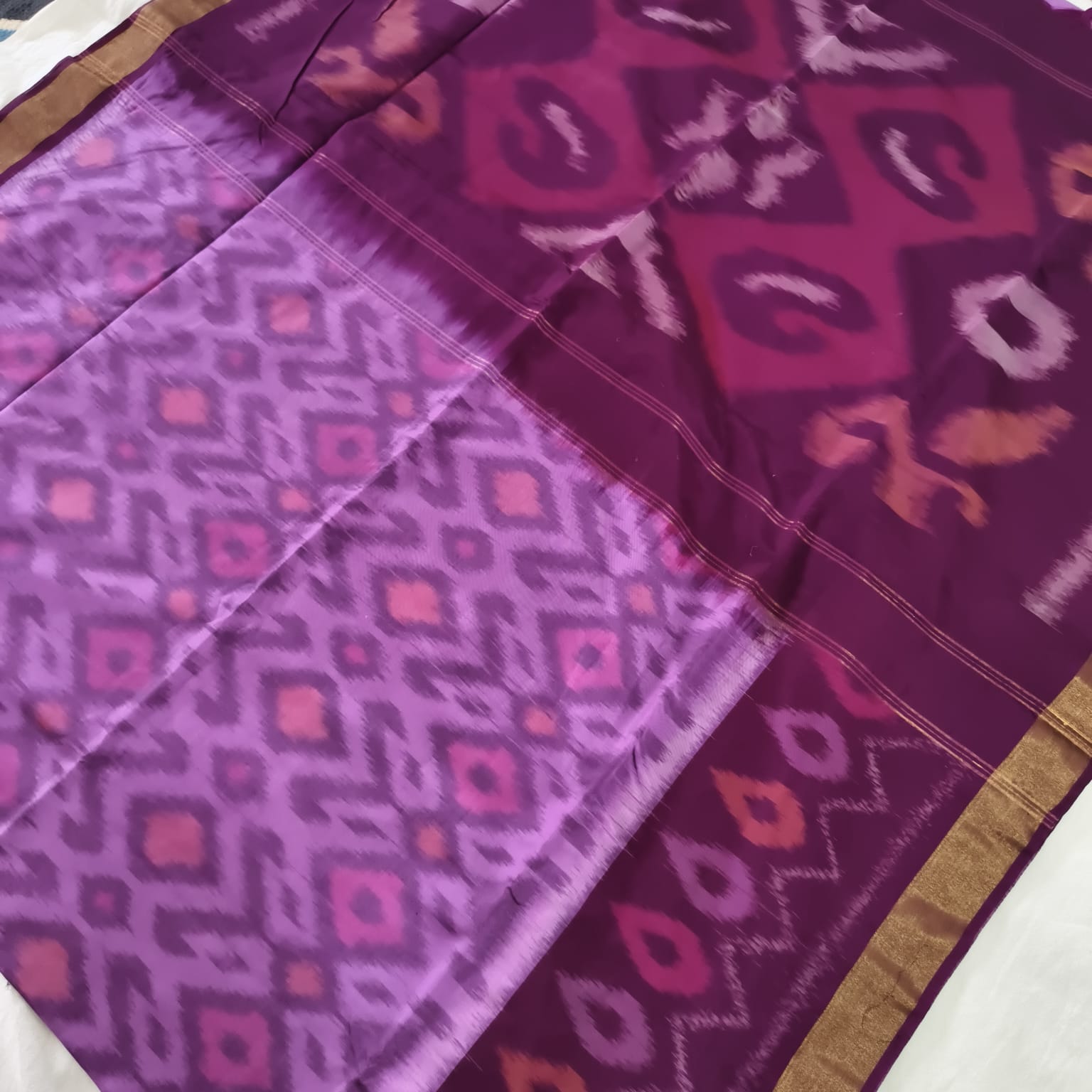 Silk Cotton Saree – Light Purple with Deep Wine
