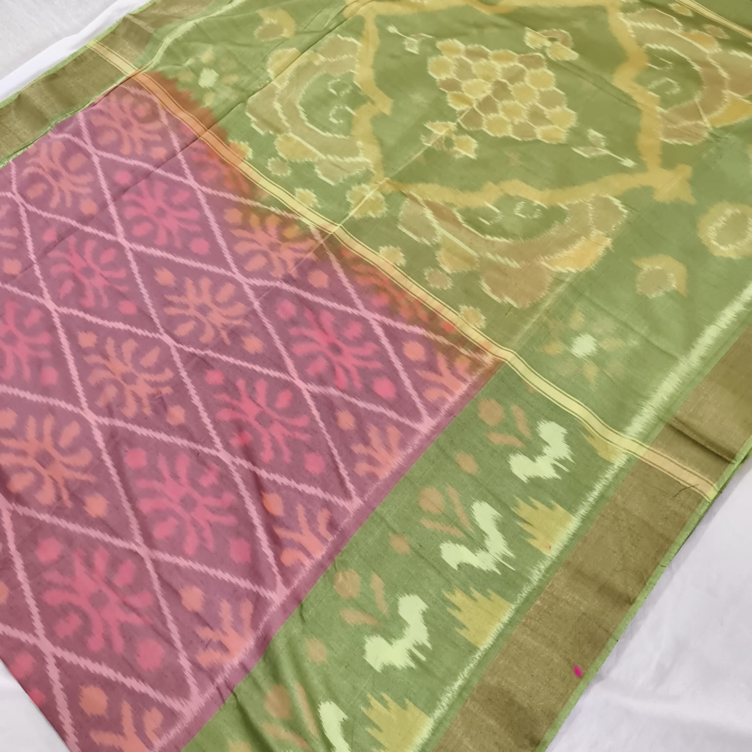 Silk Cotton Saree –Pink and Lime Green
