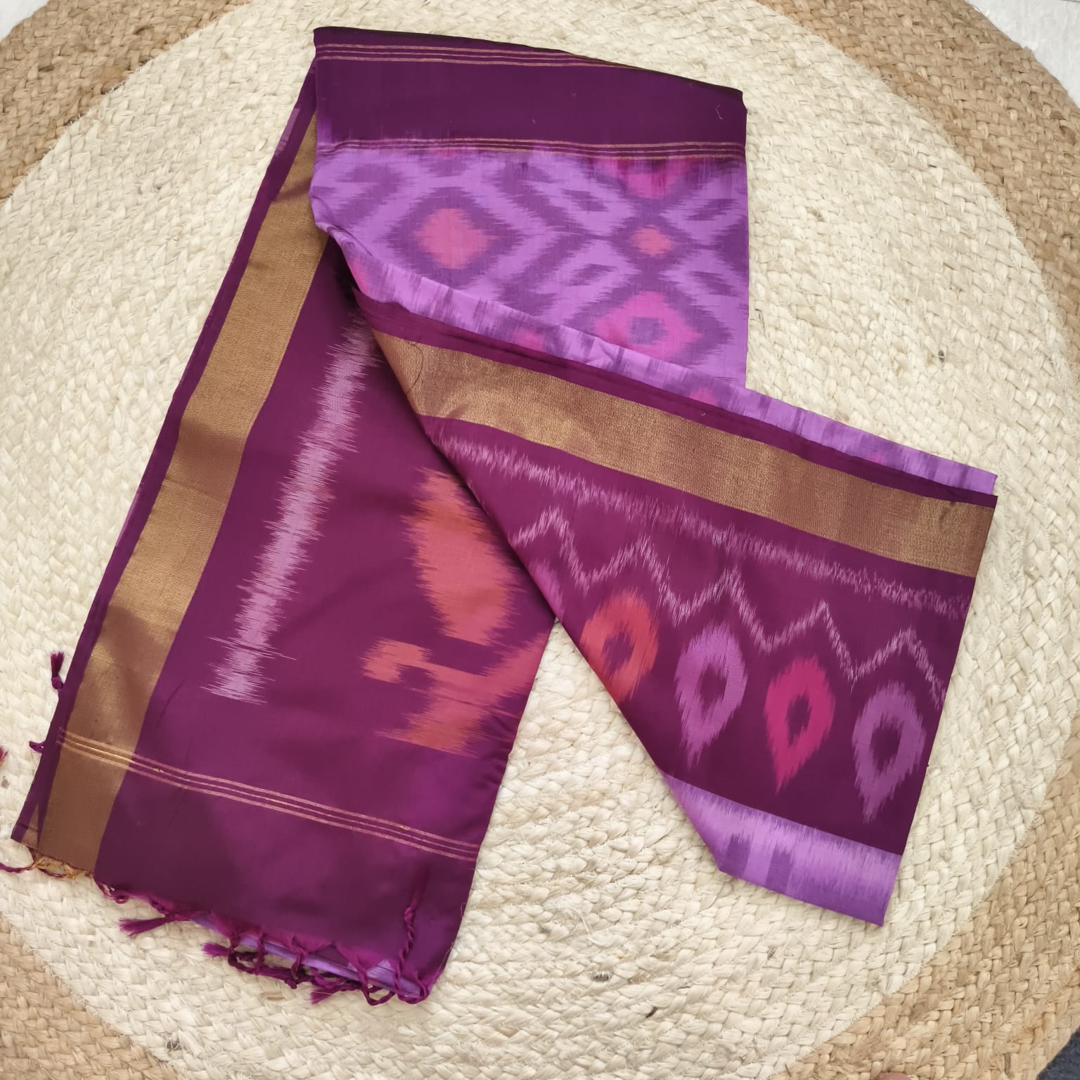 Silk Cotton Saree – Light Purple with Deep Wine