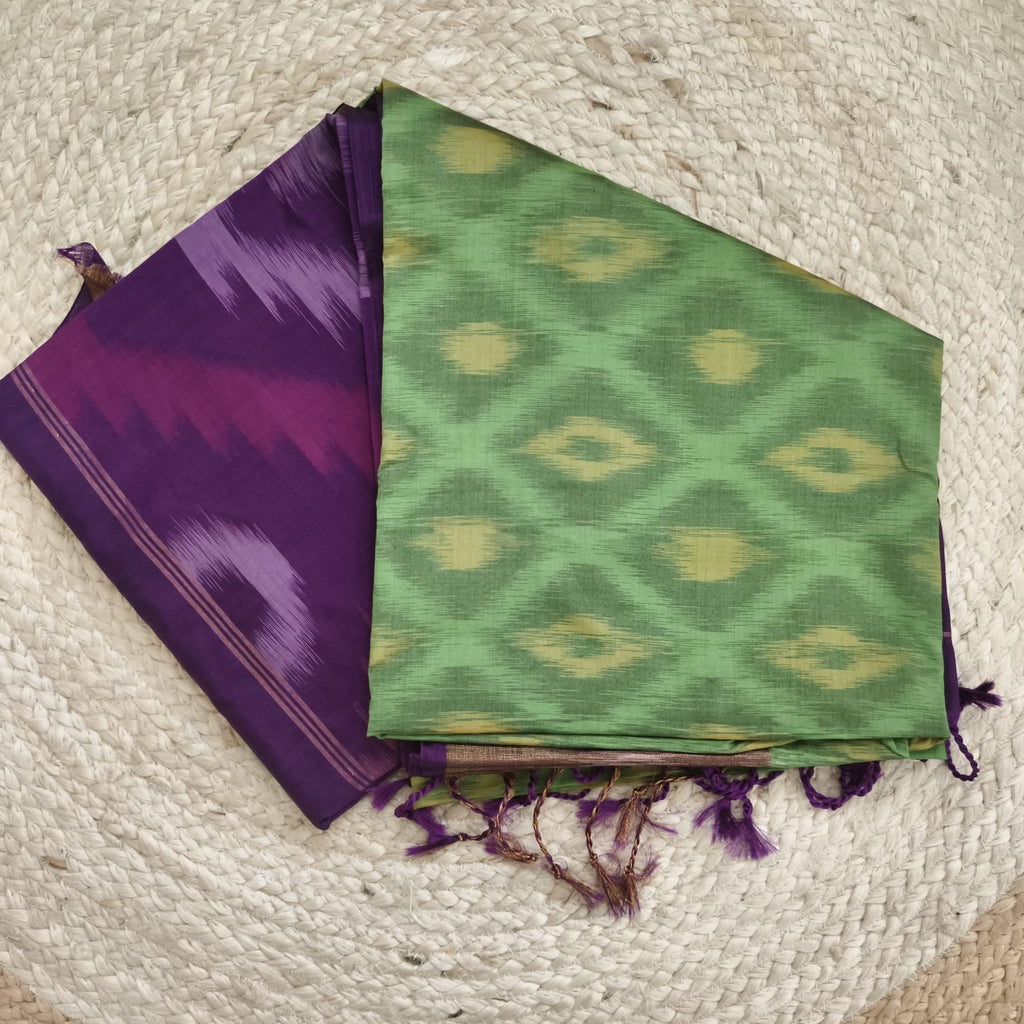 Silk Cotton Saree –Green and Deep Wine