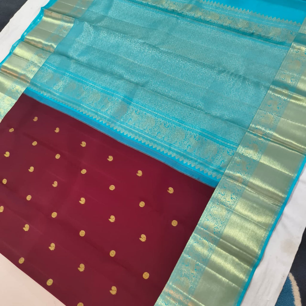 Deep Maroon and blue Kanchipuram Silk Saree