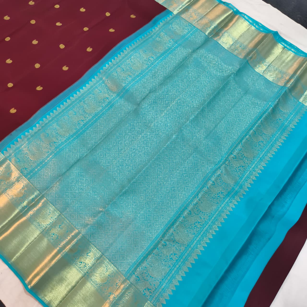 Deep Maroon and blue Kanchipuram Silk Saree