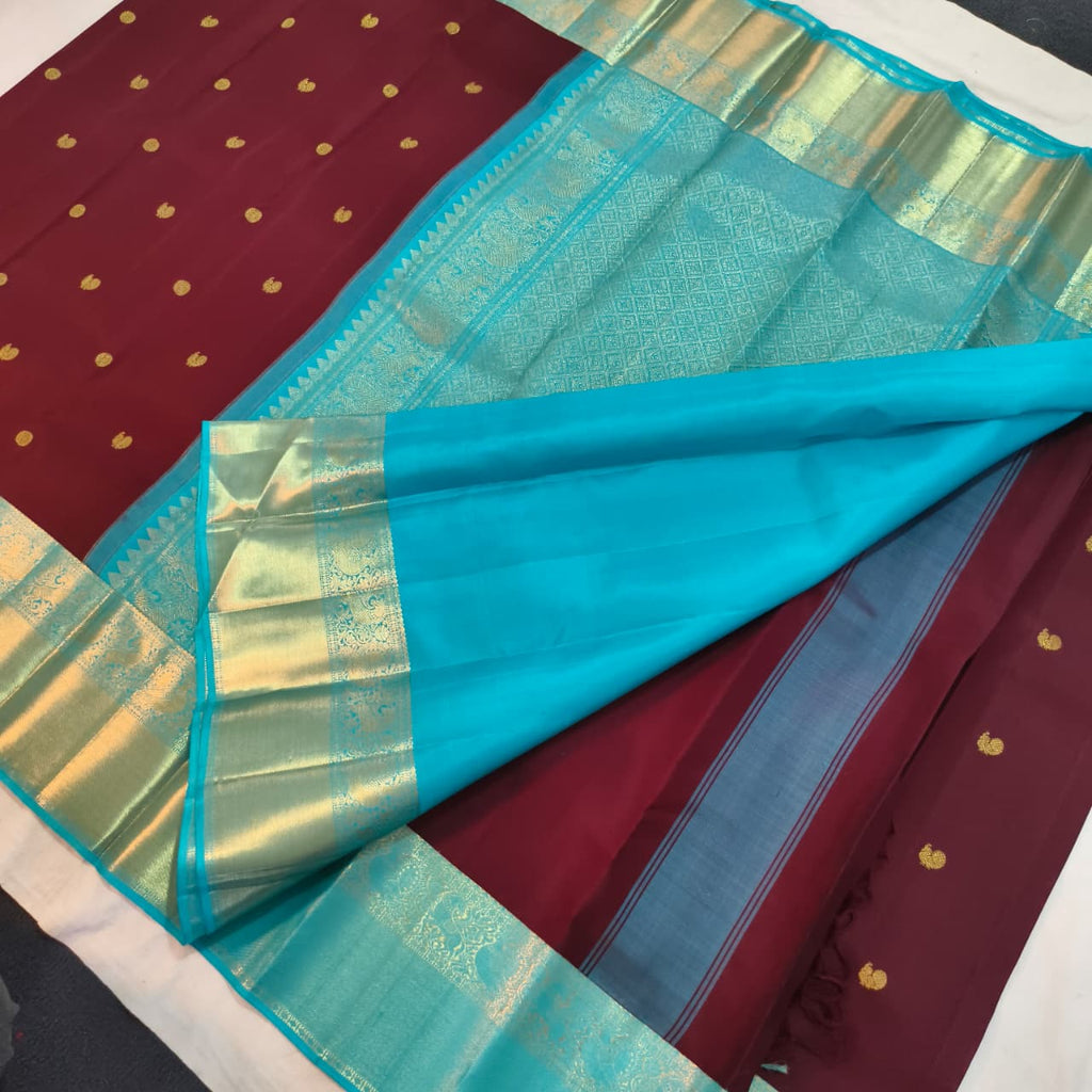 Deep Maroon and blue Kanchipuram Silk Saree
