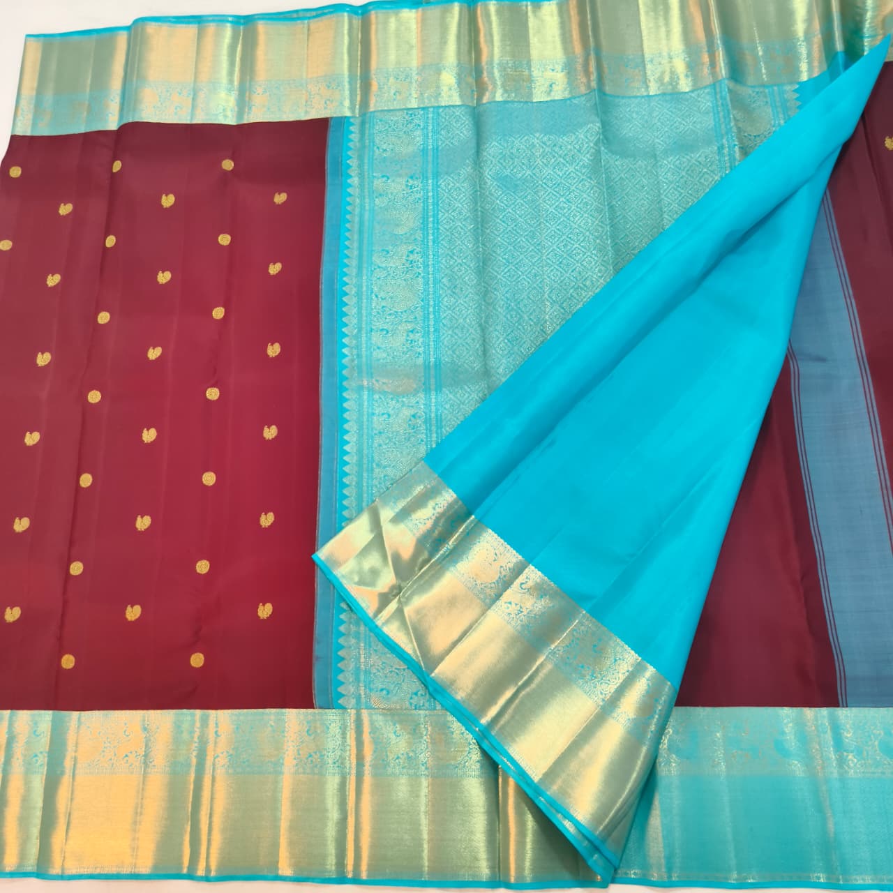 Deep Maroon and blue Kanchipuram Silk Saree