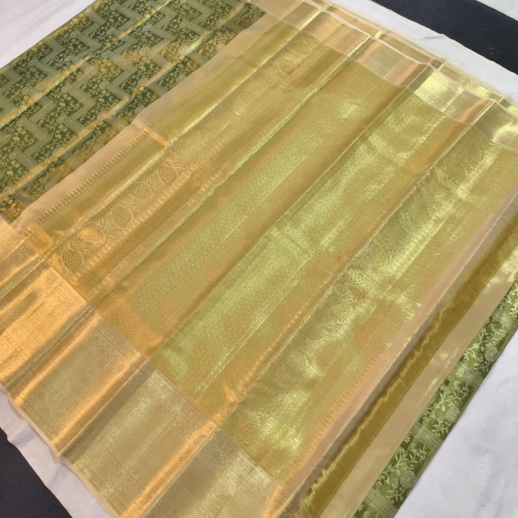 Mint Green and Off White Kanchipuram Brocade Tissue Silk Saree