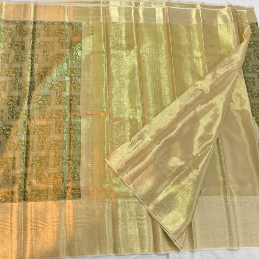 Mint Green and Off White Kanchipuram Brocade Tissue Silk Saree