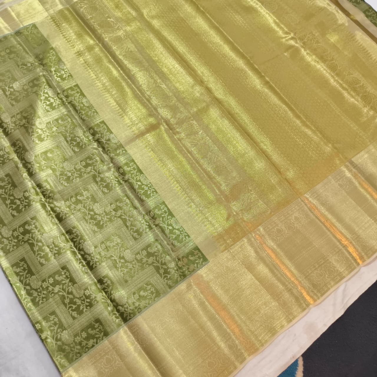 Mint Green and Off White Kanchipuram Brocade Tissue Silk Saree