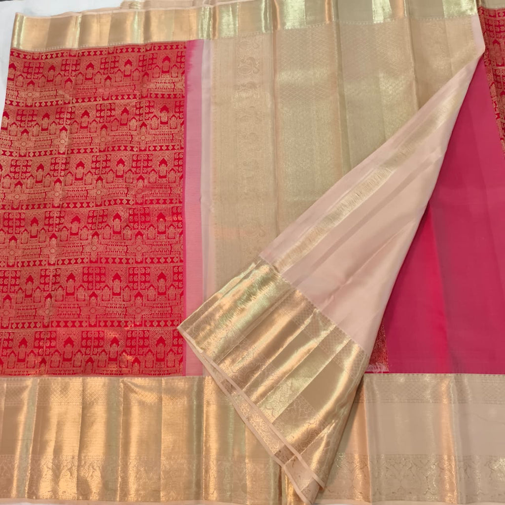 Red and Off White Kanchipuram Brocade Silk Saree