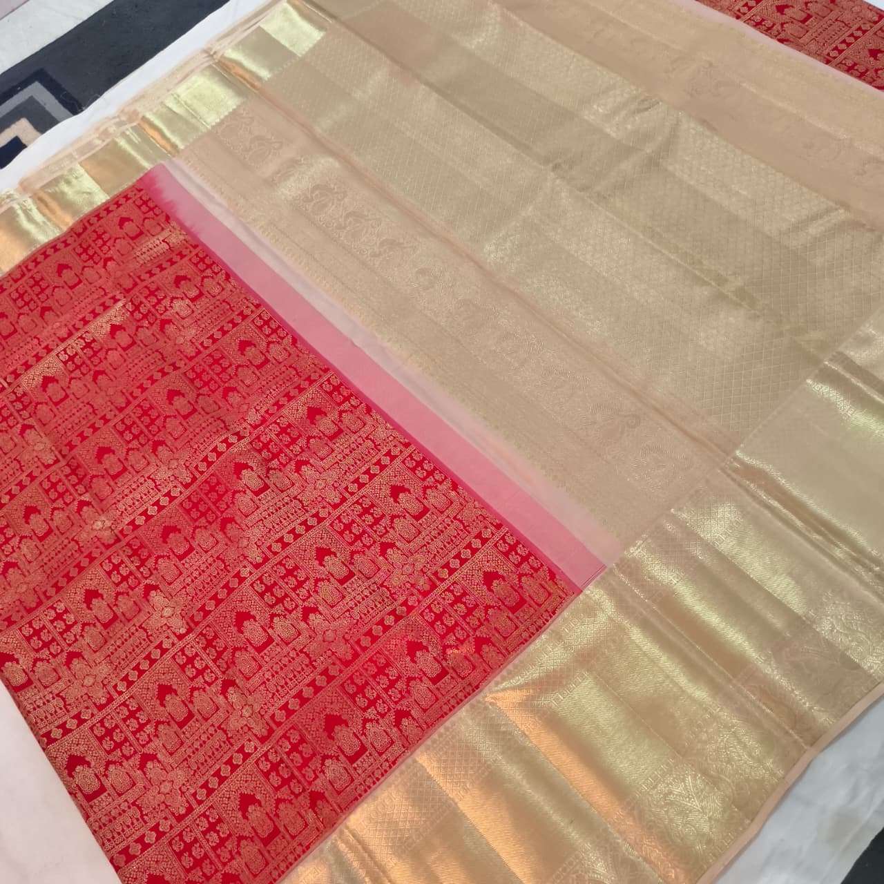 Red and Off White Kanchipuram Brocade Silk Saree