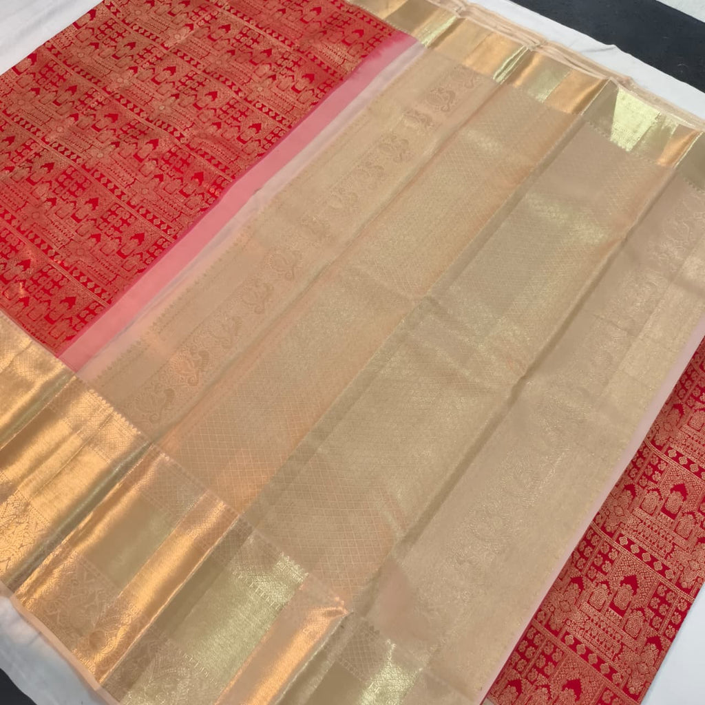 Red and Off White Kanchipuram Brocade Silk Saree