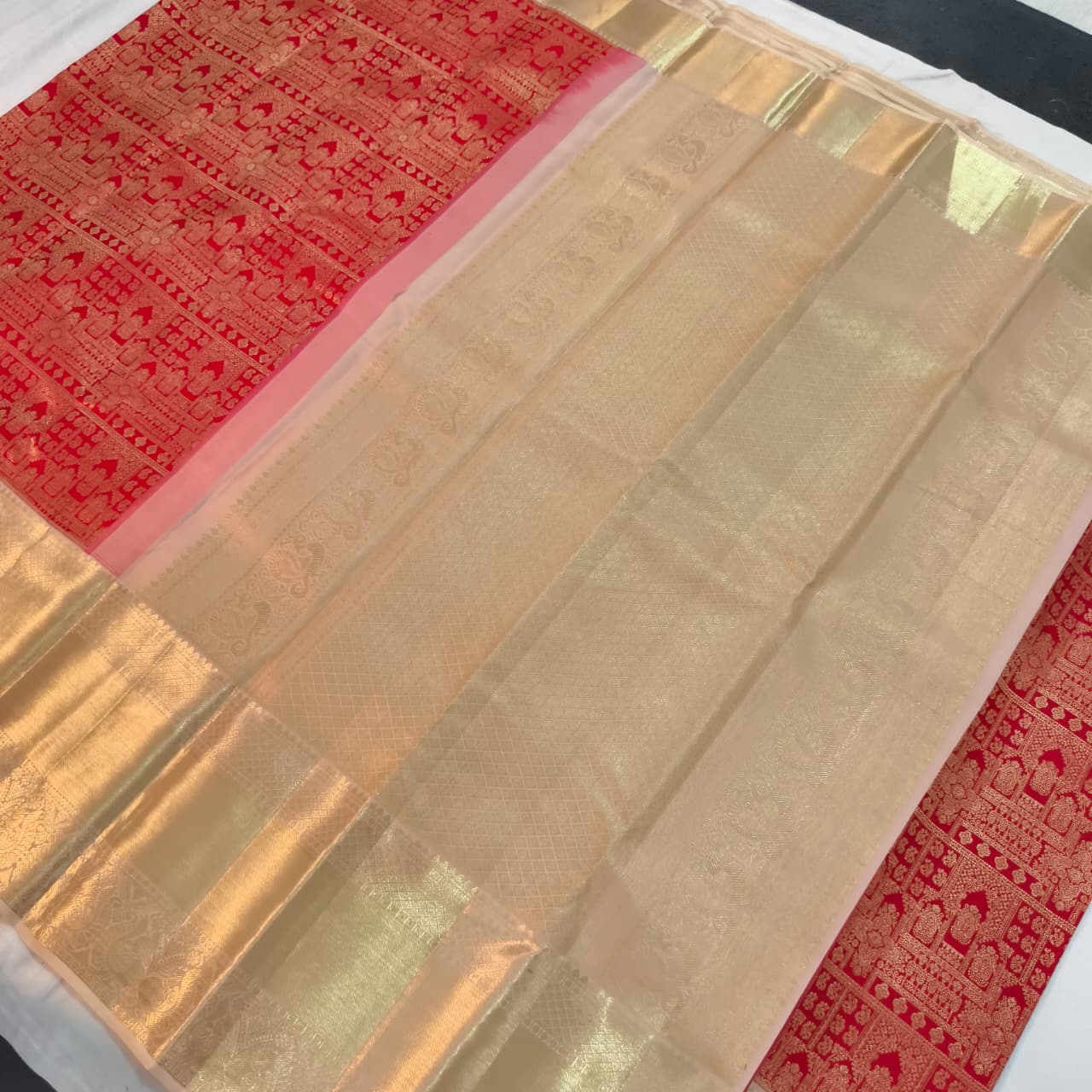 Red and Off White Kanchipuram Brocade Silk Saree