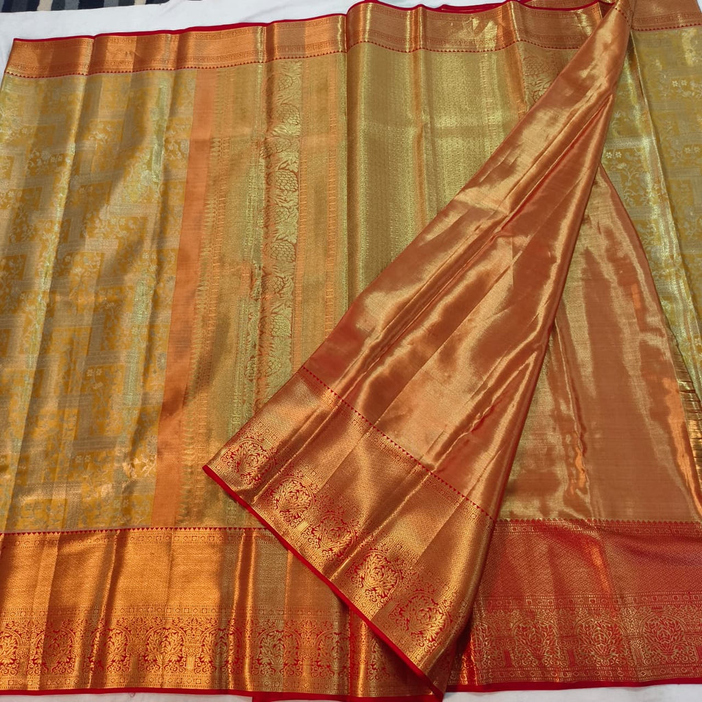 Golden Yellow and Red Kanchipuram Brocade Tissue Silk Saree