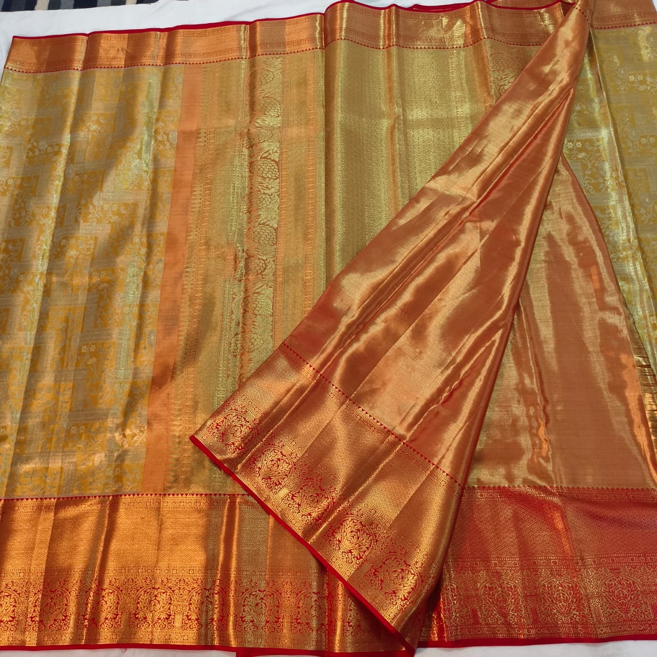 Golden Yellow and Red Kanchipuram Brocade Tissue Silk Saree