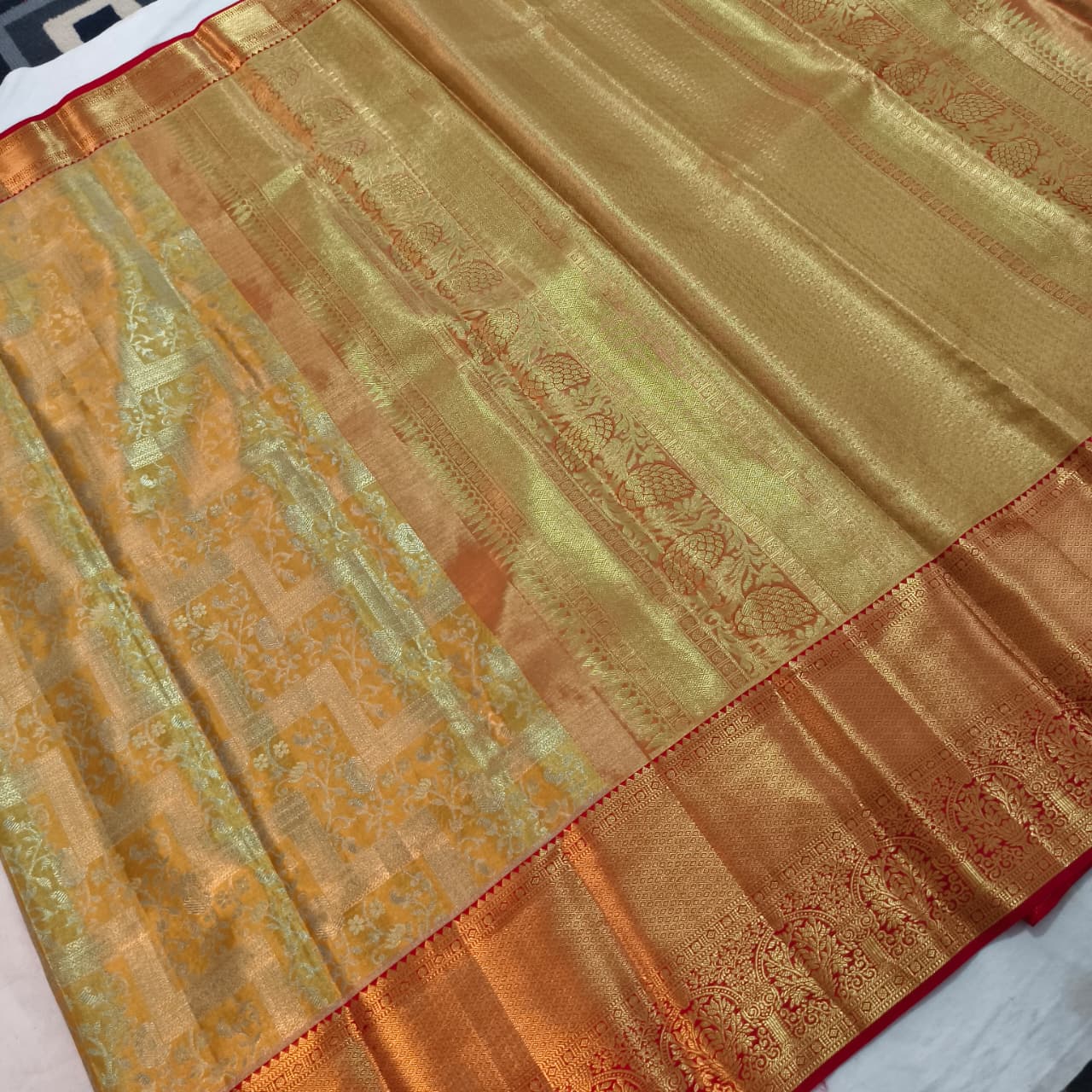 Golden Yellow and Red Kanchipuram Brocade Tissue Silk Saree