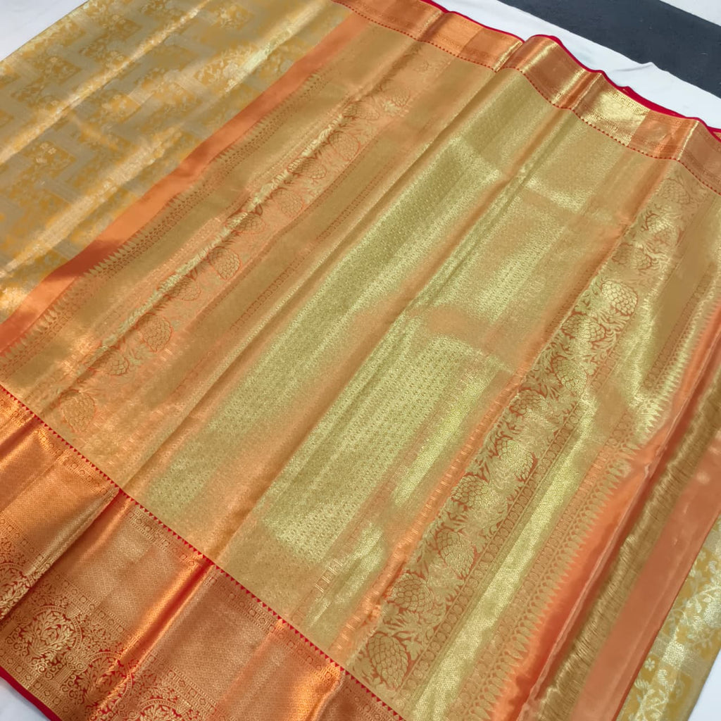 Golden Yellow and Red Kanchipuram Brocade Tissue Silk Saree