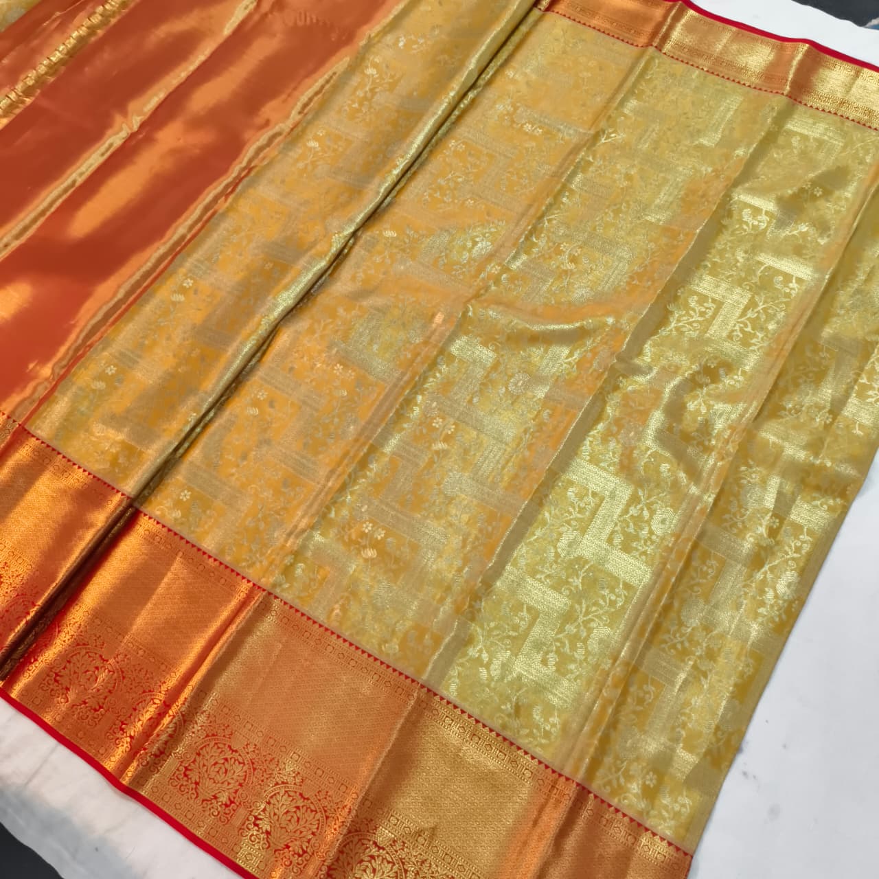 Golden Yellow and Red Kanchipuram Brocade Tissue Silk Saree