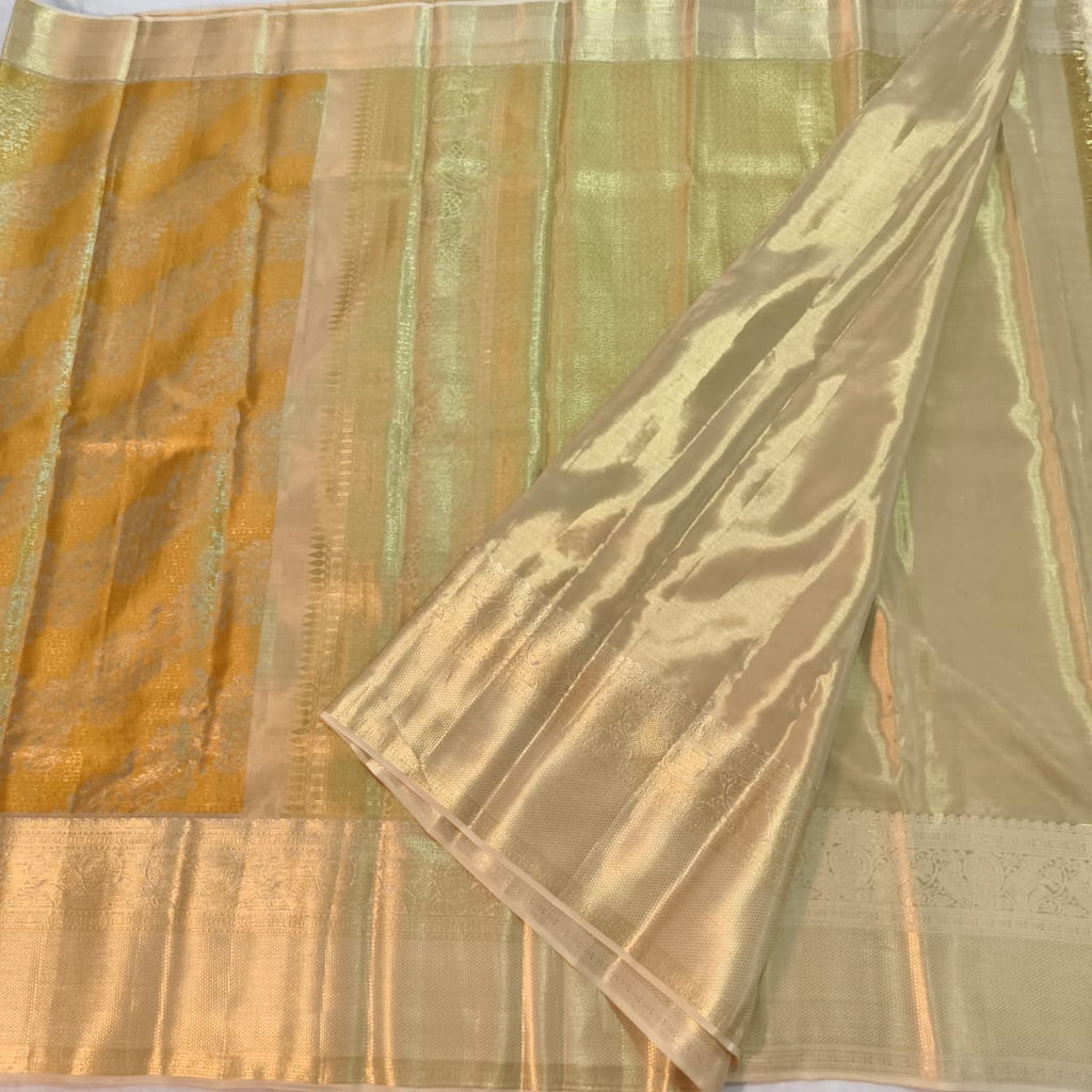 Golden Yellow and Off White Kanchipuram Brocade Tissue Silk Saree