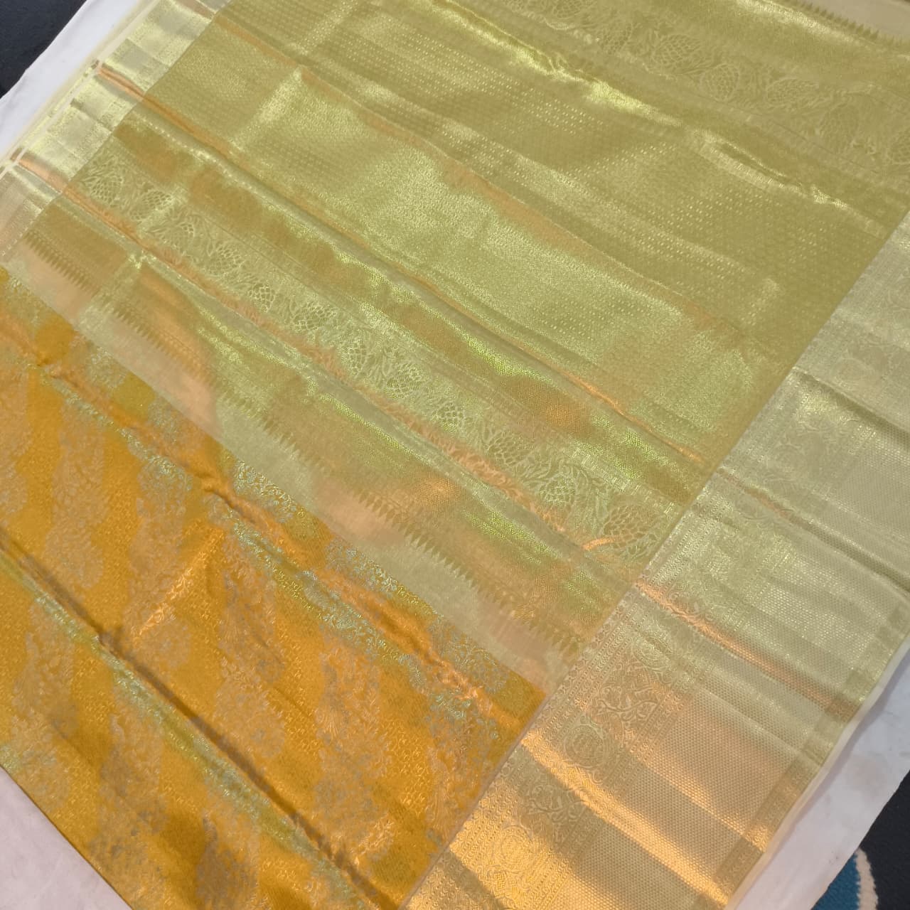 Golden Yellow and Off White Kanchipuram Brocade Tissue Silk Saree