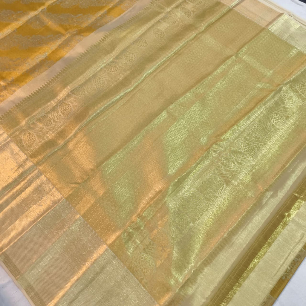 Golden Yellow and Off White Kanchipuram Brocade Tissue Silk Saree