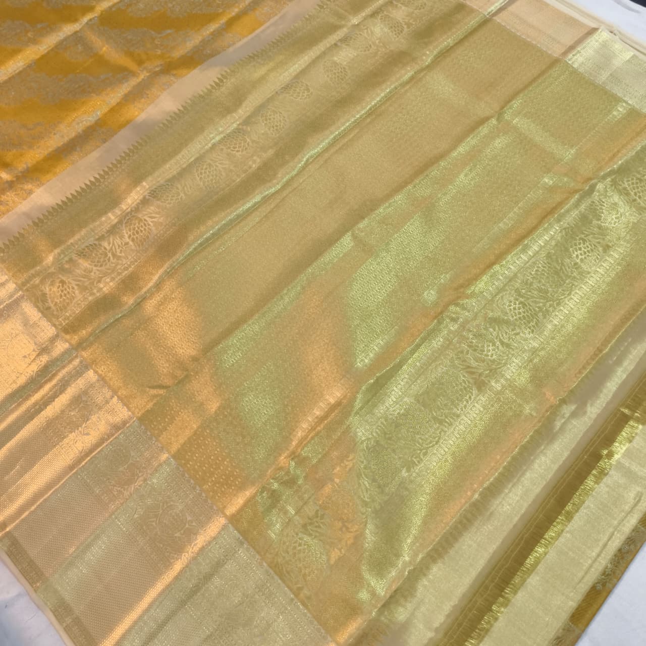 Golden Yellow and Off White Kanchipuram Brocade Tissue Silk Saree