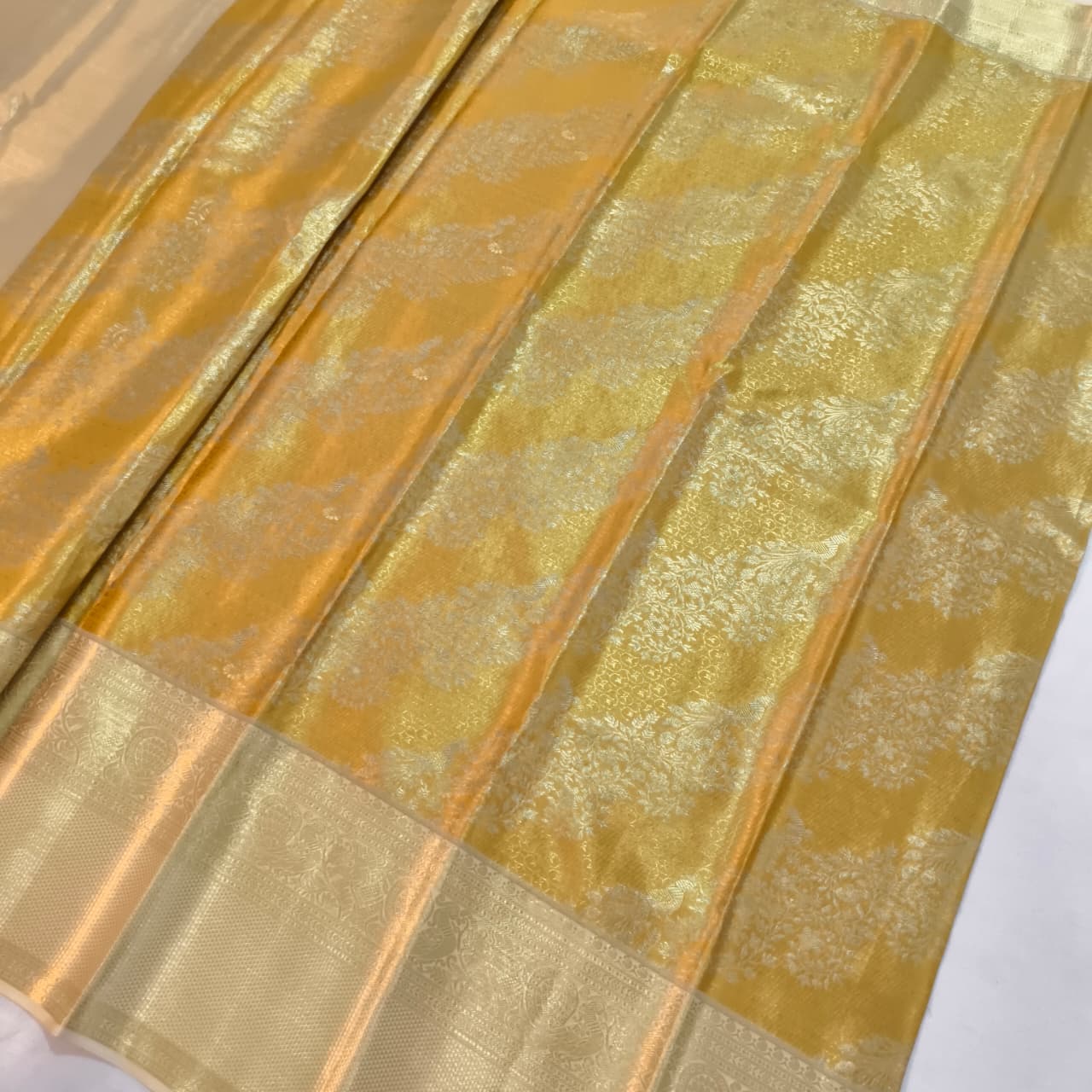 Golden Yellow and Off White Kanchipuram Brocade Tissue Silk Saree