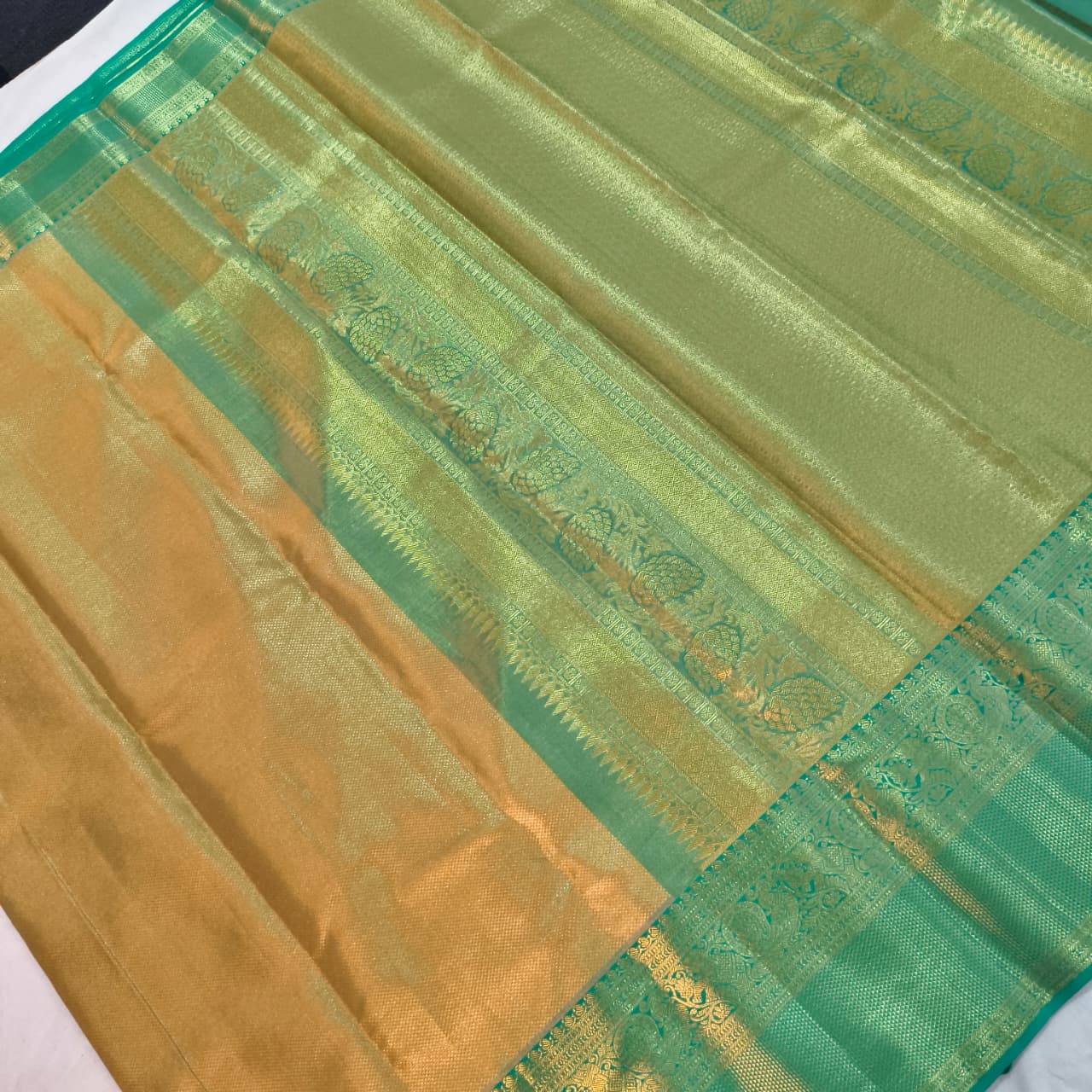 Gold and Rexona Green Kanchipuram Brocade Tissue Silk Saree