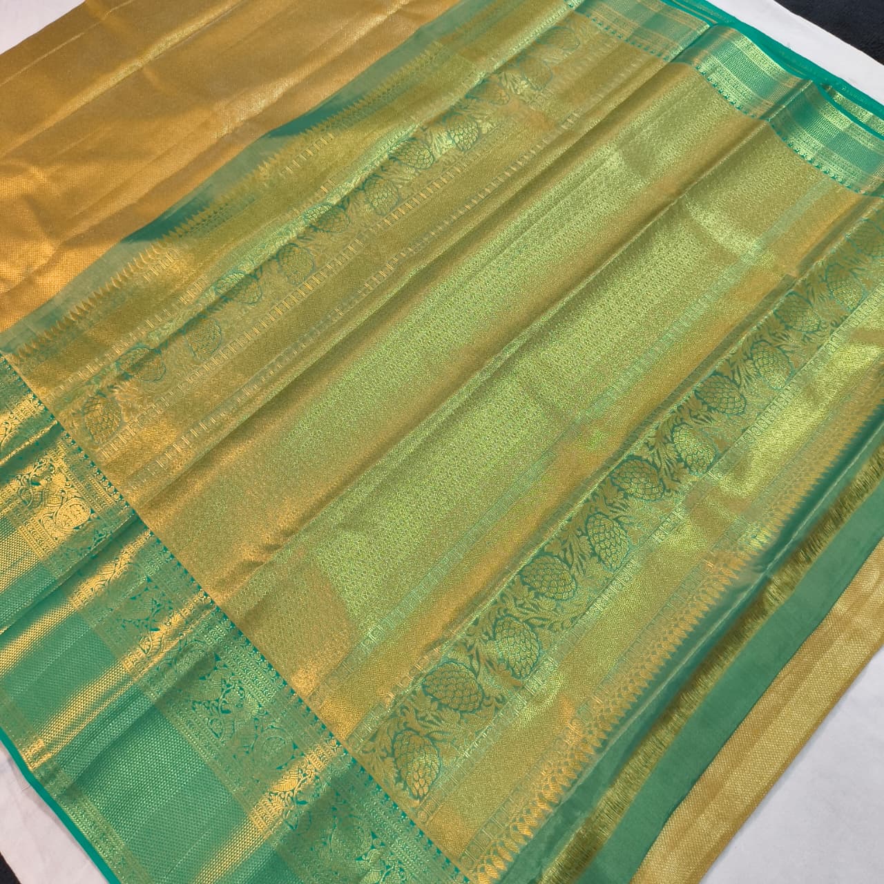 Gold and Rexona Green Kanchipuram Brocade Tissue Silk Saree