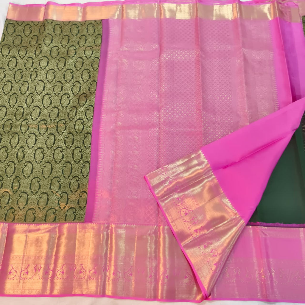Dark Green and Pink Kanchipuram Brocade Silk Saree