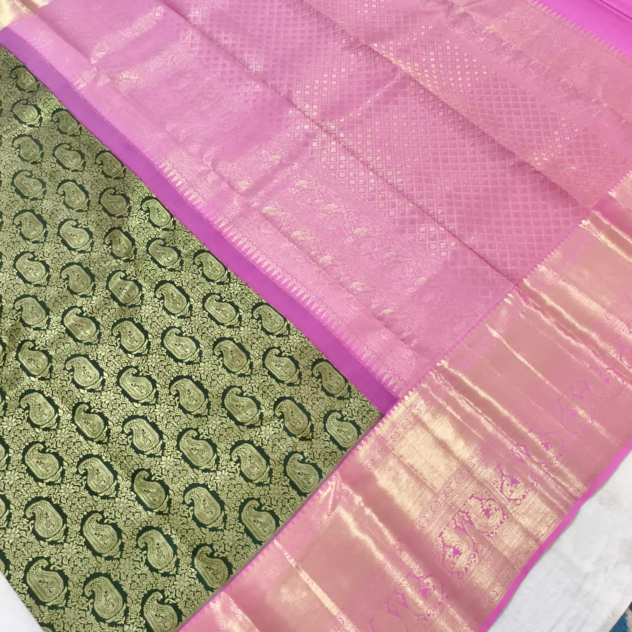 Dark Green and Pink Kanchipuram Brocade Silk Saree