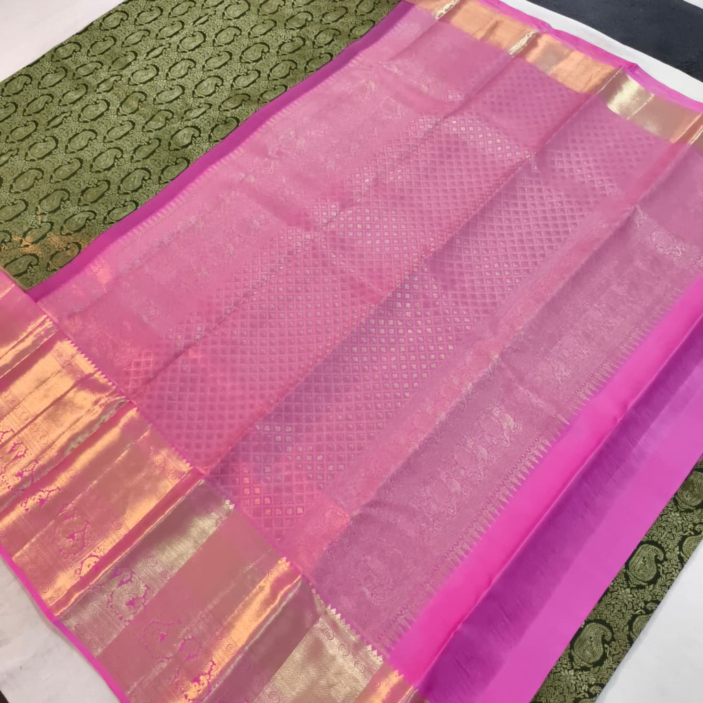 Dark Green and Pink Kanchipuram Brocade Silk Saree