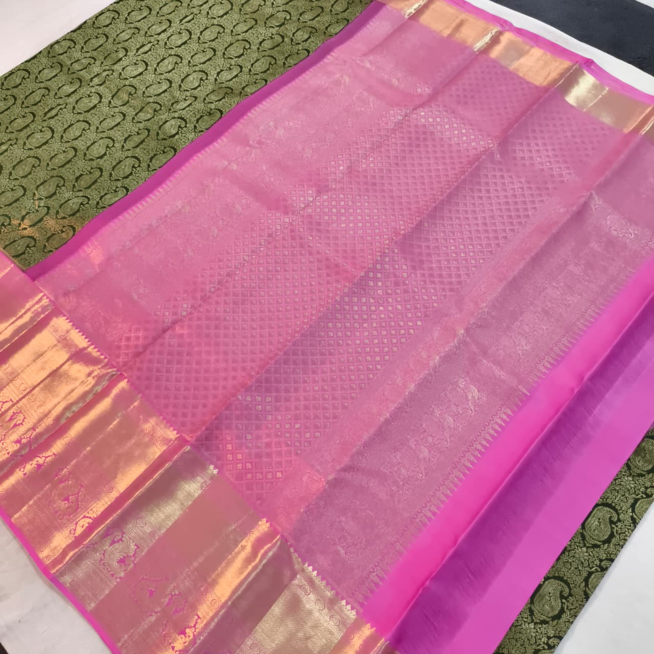 Dark Green and Pink Kanchipuram Brocade Silk Saree