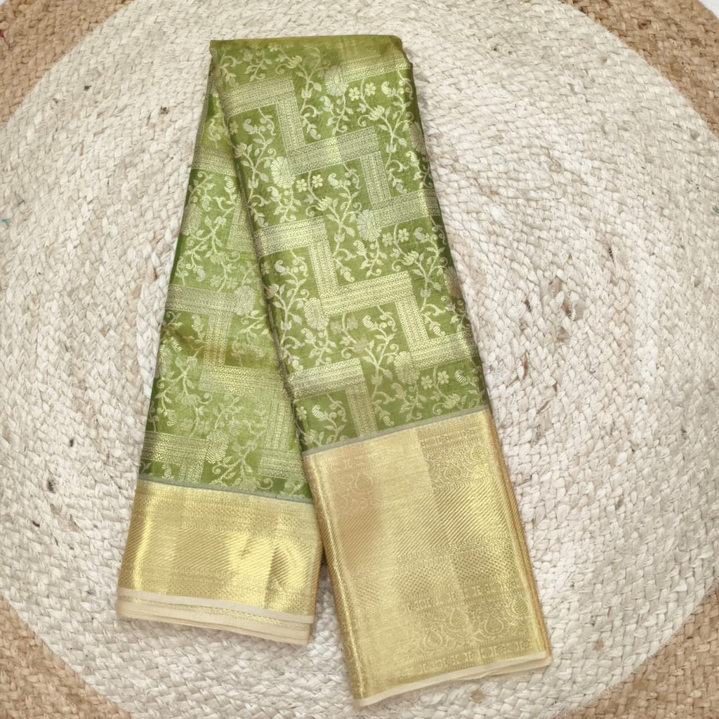 Mint Green and Off White Kanchipuram Brocade Tissue Silk Saree