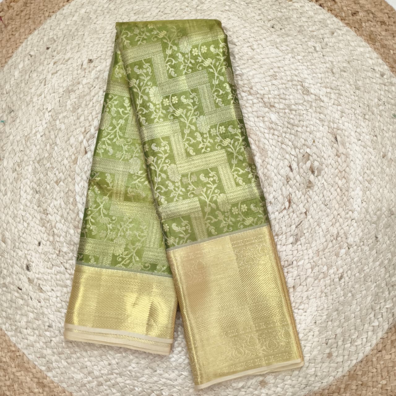Mint Green and Off White Kanchipuram Brocade Tissue Silk Saree