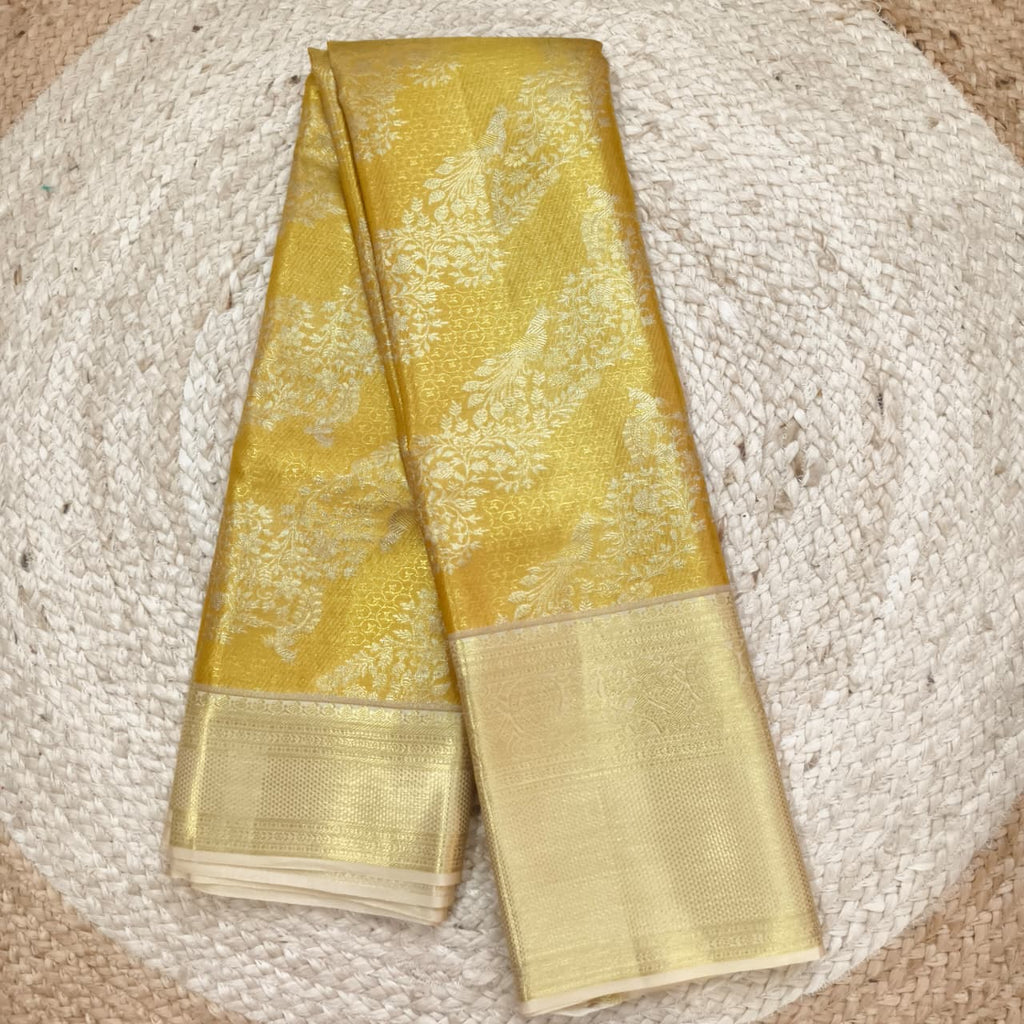 Golden Yellow and Off White Kanchipuram Brocade Tissue Silk Saree