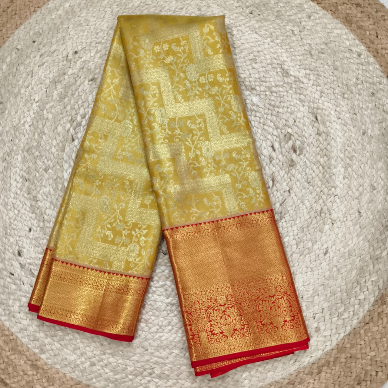 Golden Yellow and Red Kanchipuram Brocade Tissue Silk Saree