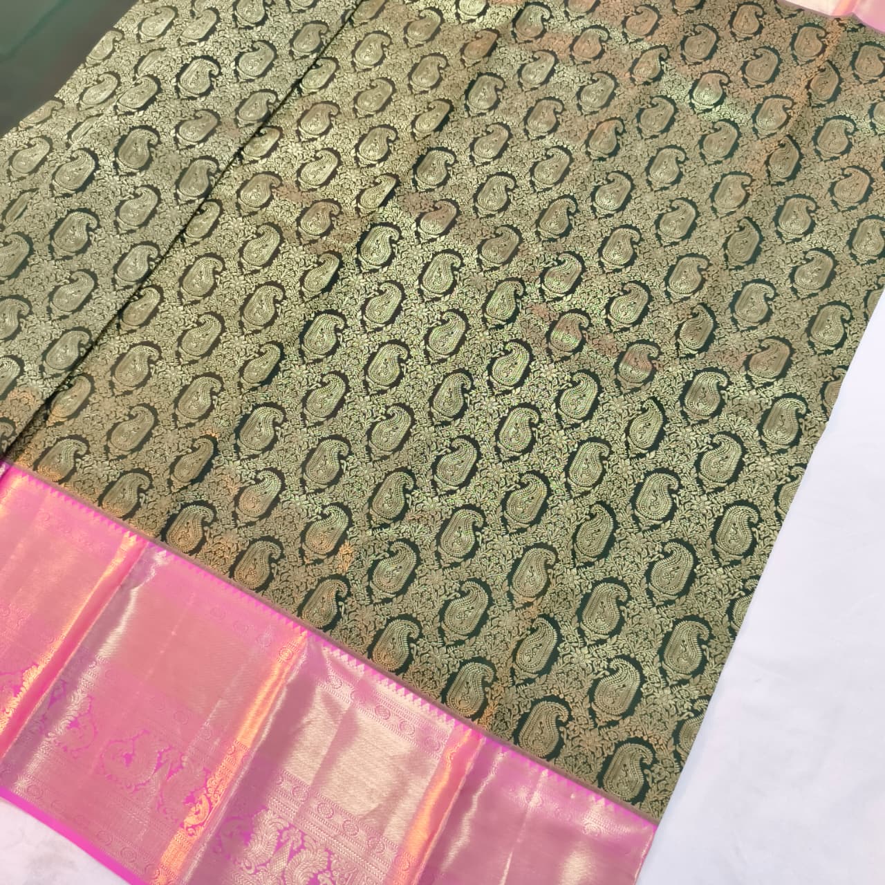 Dark Green and Pink Kanchipuram Brocade Silk Saree