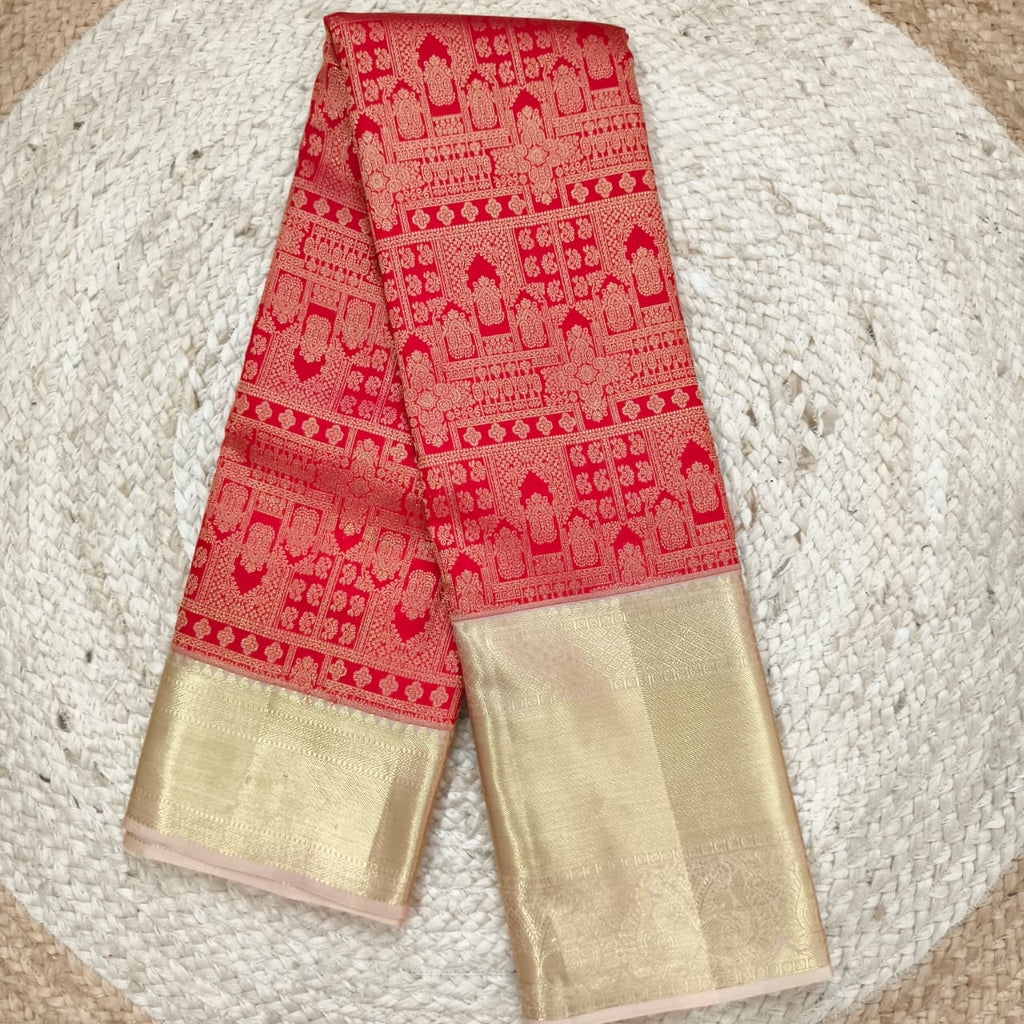 Red and Off White Kanchipuram Brocade Silk Saree
