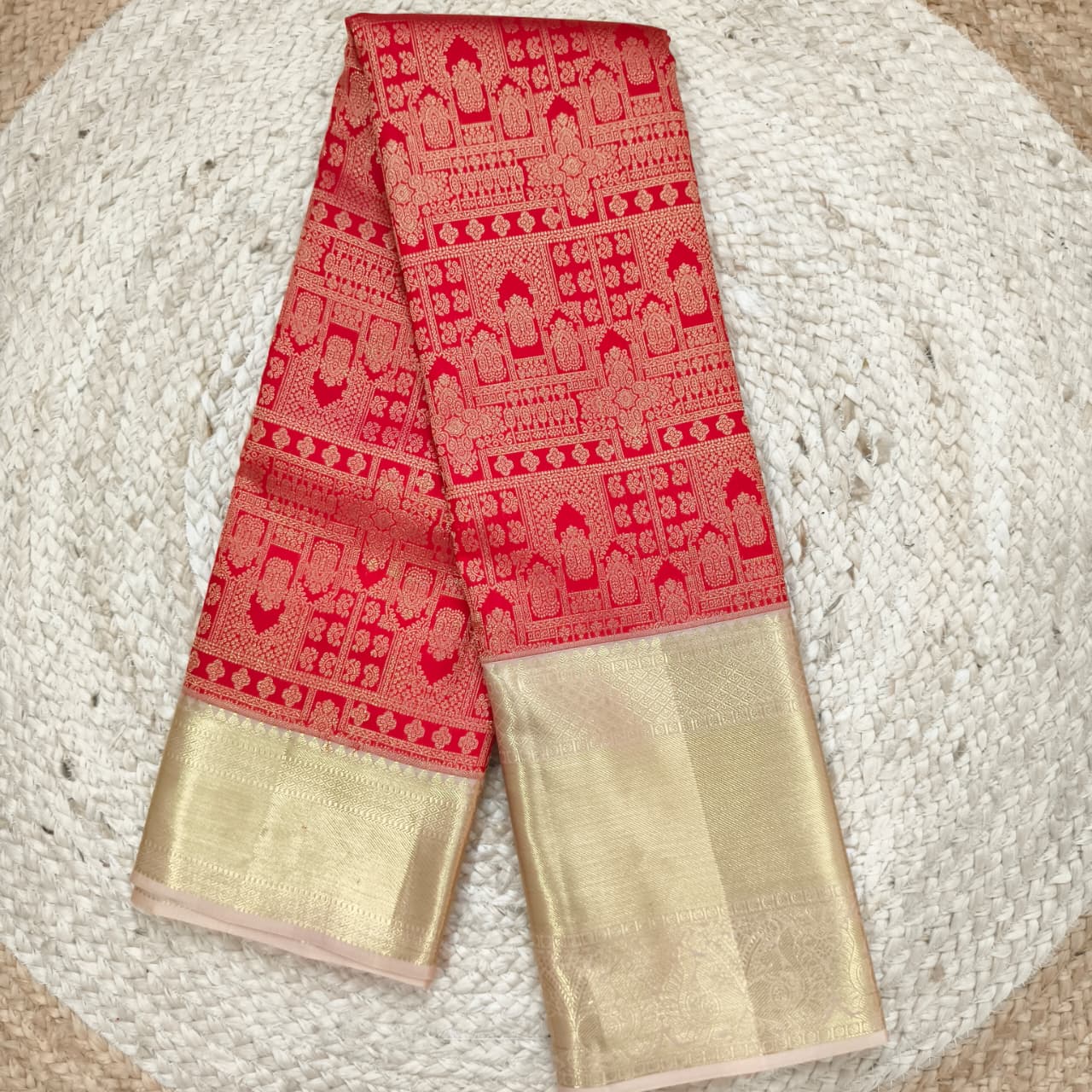 Red and Off White Kanchipuram Brocade Silk Saree
