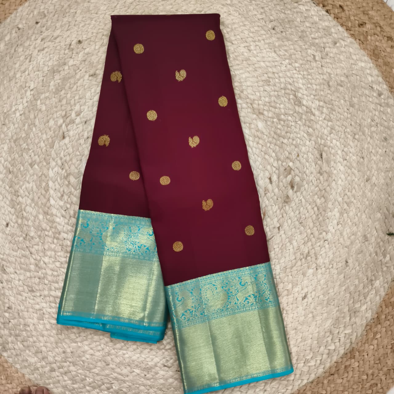 Deep Maroon and blue Kanchipuram Silk Saree