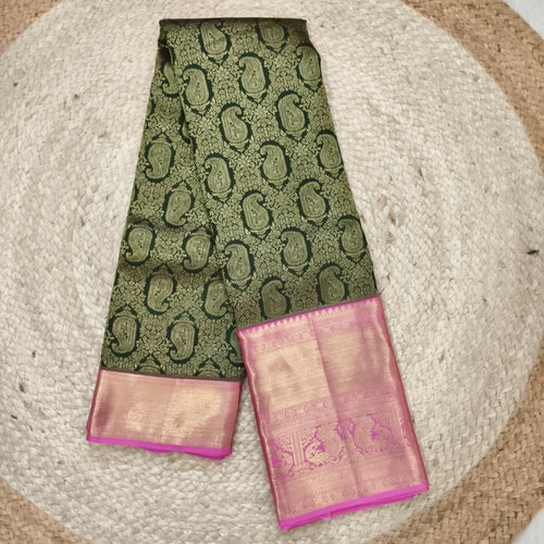 Dark Green and Pink Kanchipuram Brocade Silk Saree