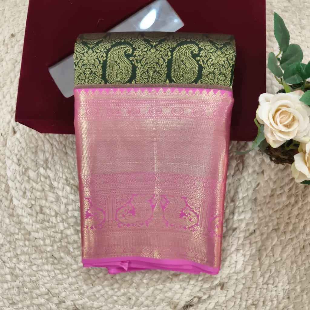Dark Green and Pink Kanchipuram Brocade Silk Saree