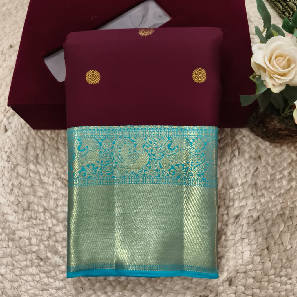 Deep Maroon and blue Kanchipuram Silk Saree