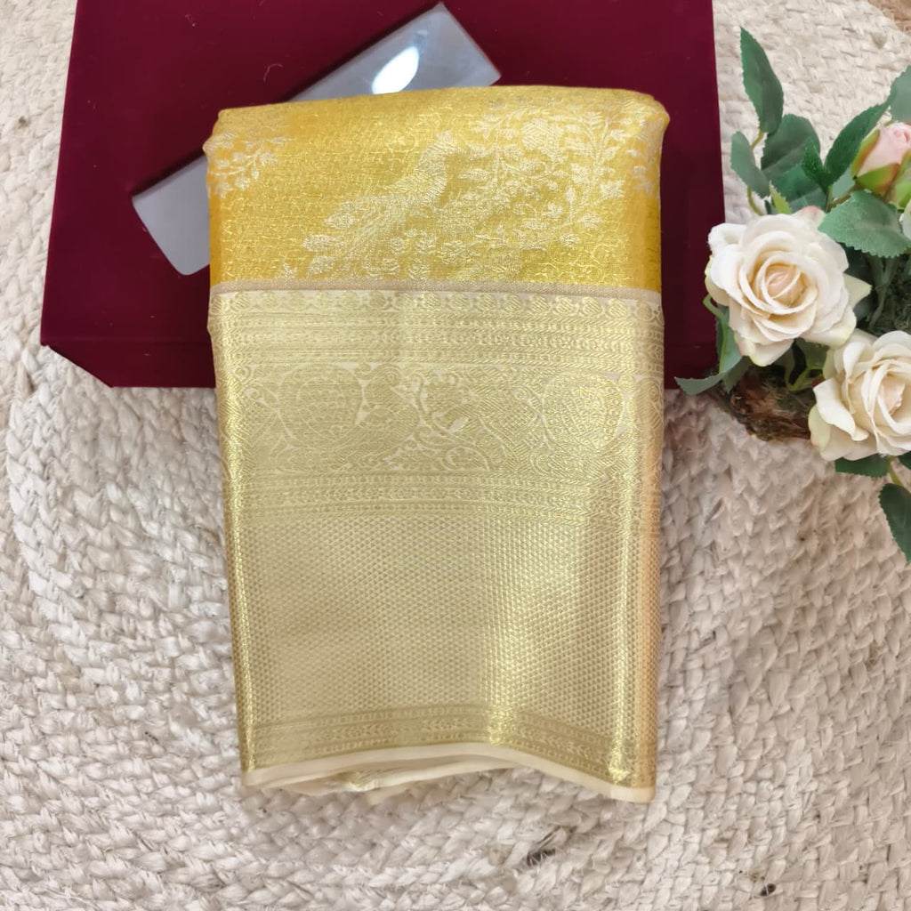 Golden Yellow and Off White Kanchipuram Brocade Tissue Silk Saree